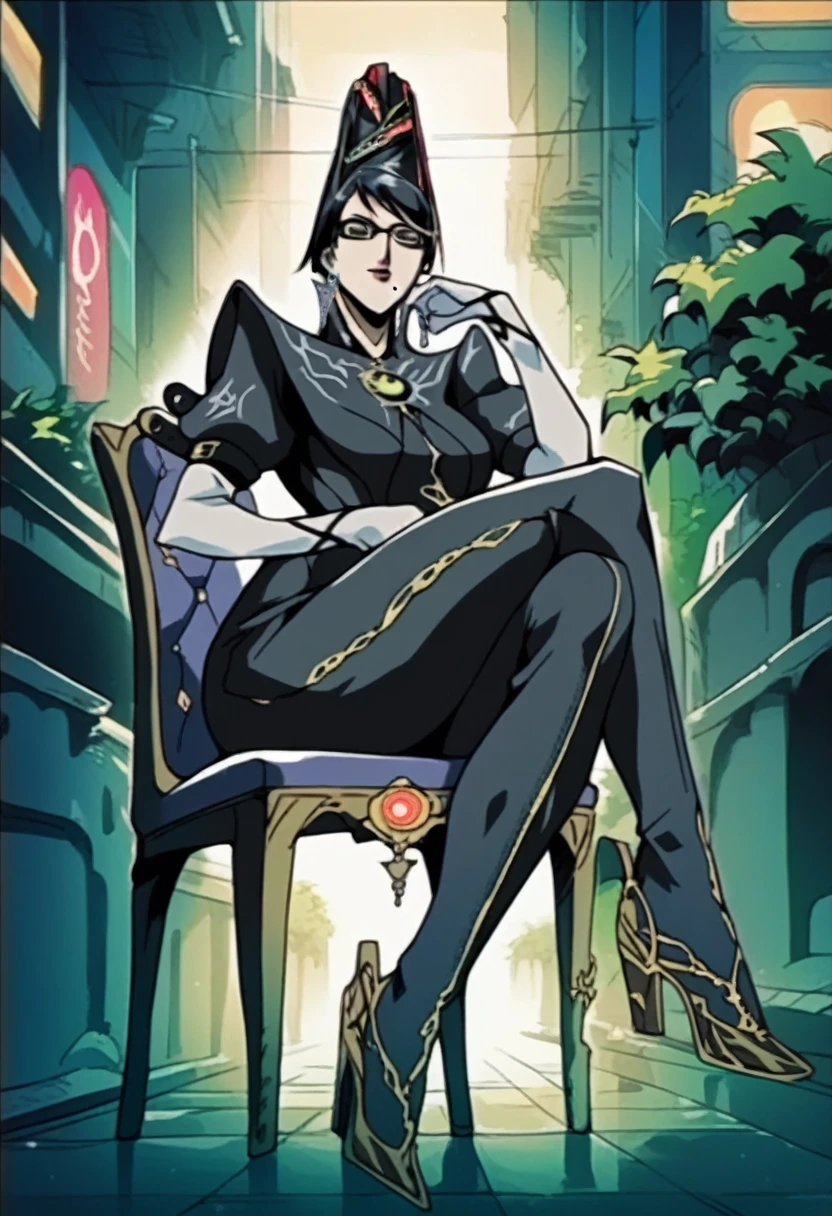 bayonetta, milf, in city, sitting on a chair