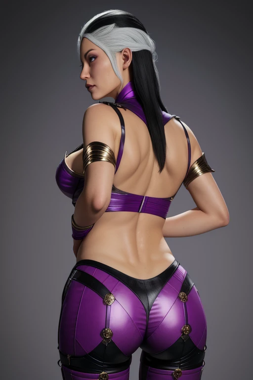 sindel, black hair, multicolored hair, brown eyes,
purple bodysuit, cleavage,
standing, upper body, from behind, large ass, large breast,looking back,
morning, royal castle,
(insanely detailed, beautiful detailed face, masterpiece, best quality),