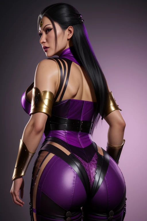 sindel, black hair,  multicolored hair,  brown eyes, 
purple bodysuit,  cleavage, 
standing, upper body,   from behind,  large ass, large breast,looking back, 
morning, royal castle,   
(insanely detailed, beautiful detailed face, masterpiece, best quality),  