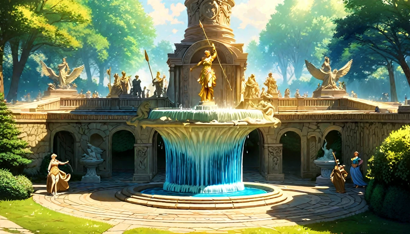  summer heat, anime aestetics, noon, park full of trees, big fountain in the center, greek style fountain, little rainbows, green and blue colors, perfect shadows, beauty of nature, stone roads, statue of goddes on the top of the fountain, (1 statue), statue of mature woman in armour, holding a spear, statue of athena, wide shot, atmospheric perspective, perspective, 4K, 8k, best quality, award winning, anatomically correct, super detail, masterpiece