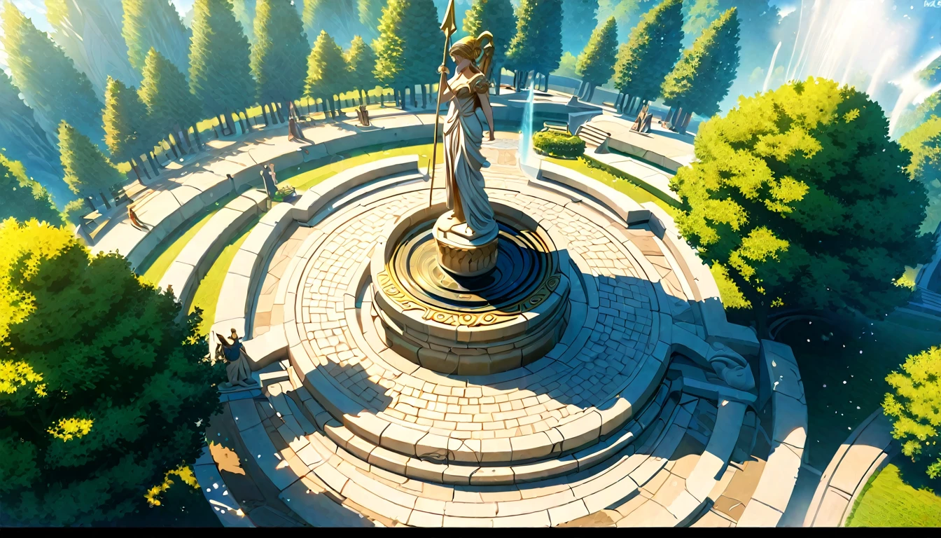  summer heat, anime aestetics, noon, park full of trees, big fountain in the center, greek style fountain, little rainbows, green and blue colors, perfect shadows, beauty of nature, stone roads, statue of goddes on the top of the fountain, (1 statue), statue of mature woman in armour, holding a spear, statue of athena, wide shot, atmospheric perspective, perspective, 4K, 8k, best quality, award winning, anatomically correct, super detail, masterpiece