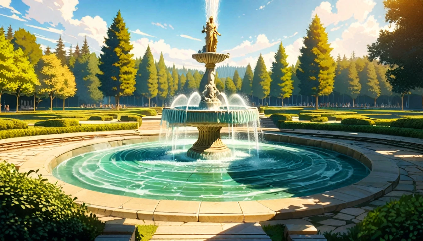  summer heat, anime aestetics, noon, park full of trees, big fountain in the center, greek style fountain, little rainbows, green and blue colors, perfect shadows, beauty of nature, stone roads, statue of goddes on the top of the fountain, (1 statue), statue of mature woman in armour, holding a spear, statue of athena, wide shot, atmospheric perspective, perspective, 4K, 8k, best quality, award winning, anatomically correct, super detail, masterpiece