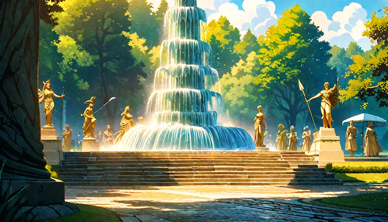  summer heat, anime aestetics, noon, park full of trees, big fountain in the center, greek style fountain, little rainbows, green and blue colors, perfect shadows, beauty of nature, stone roads, statue of goddes on the top of the fountain, (1 statue), statue of mature woman in armour, holding a spear, statue of athena, wide shot, atmospheric perspective, perspective, 4K, 8k, best quality, award winning, anatomically correct, super detail, masterpiece