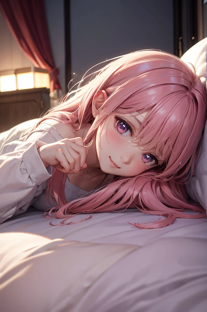 (Best Quality,High resolution,8K,finelity detailed background,Masterpiece:1.2),beautiful girl,Shiny pink hair,messy hair,Pink eyes,Gentle look,A refreshing look,Best quality,Best Quality,Aesthetic and aesthetic:1.2,Best details((Super detailed))(High-definition CG illustrations),cuteパジャマ,Slender body,night,Moonlight,Bedroom,On the bed,smile,blush,cute,Scrounge,Looking up,Being spoiled,super model,wariza,shoot from below