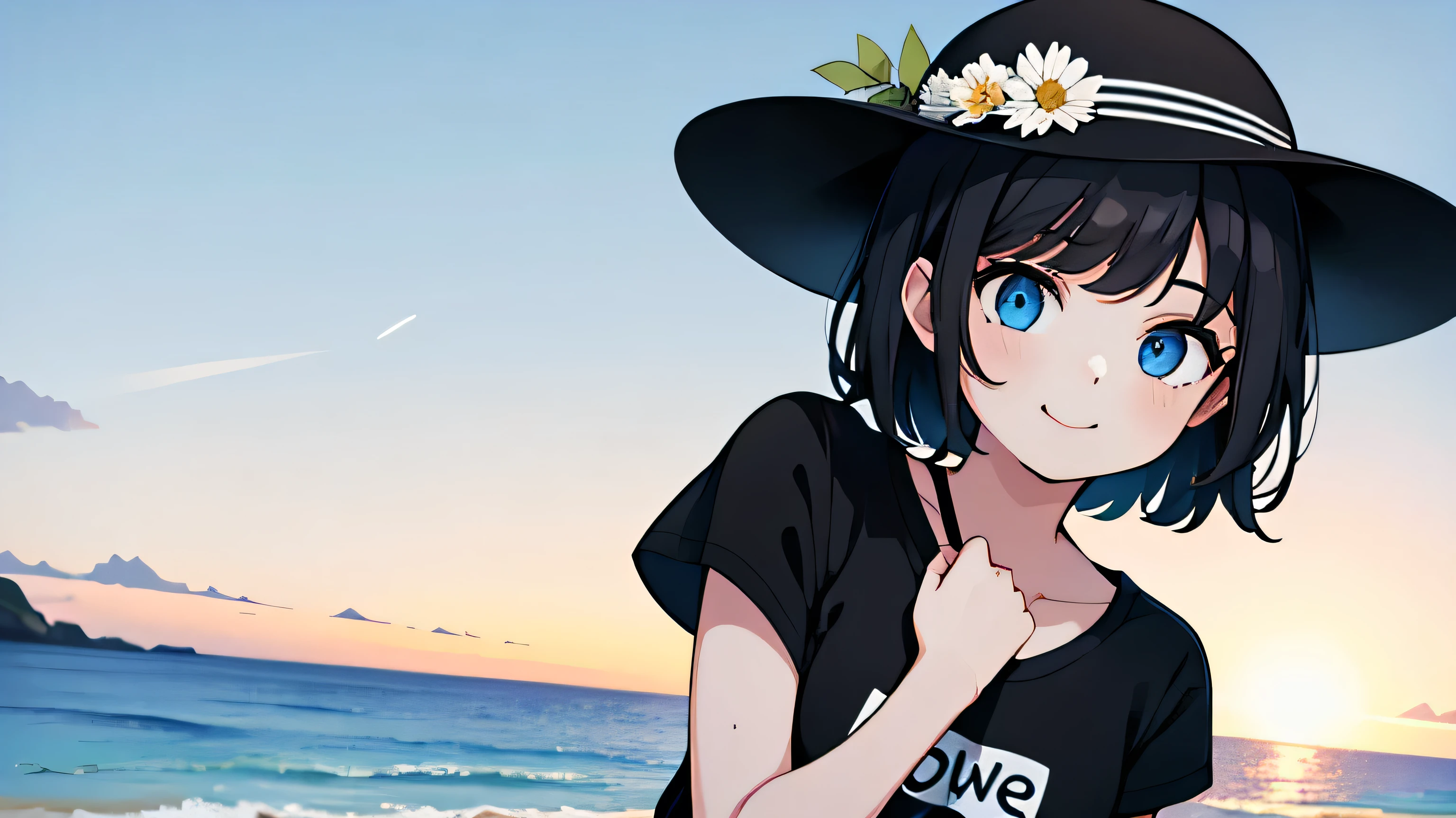 1girl, solo, blue eyes,(detailed eyes), gentle smile flat chest, short hair, black hair, ((white t-shirt)), simple t-shirt, black skirt, black socks, standing, upper body, ((masterpiece, illustration, best quality)) she is on a beach, wearing a beach hat with flowers (light sky background)