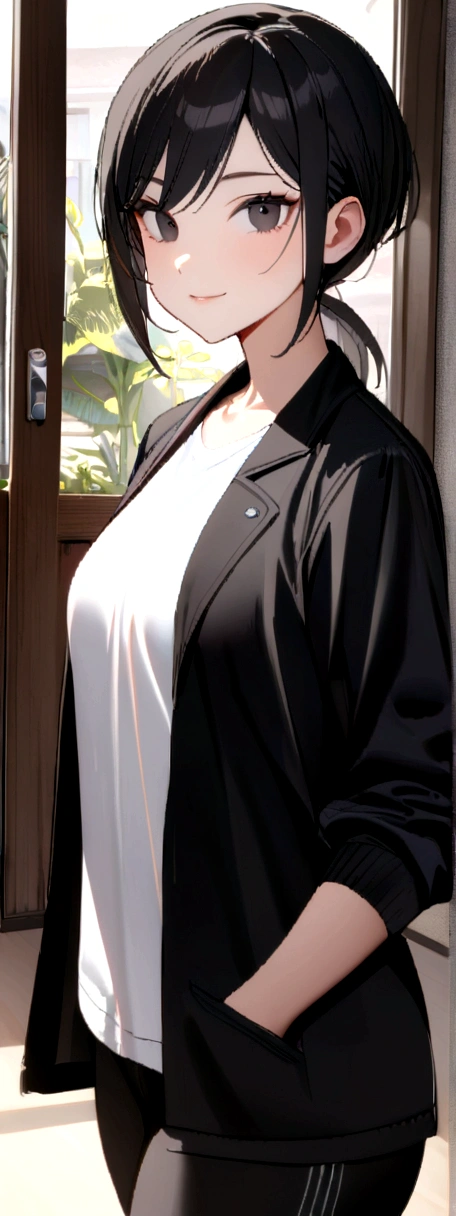 1 girl, tomboy, slim, beautiful, tall, attractive, ((short black hair))((black hair)), ((black eyes)), ((Girl wears: ((white shirt)), ((black jacket)), ((black gym short)))), ((living room)), looking at viewer, smiling warmly, hands in pocket, 8k, masterpiece, ray tracing