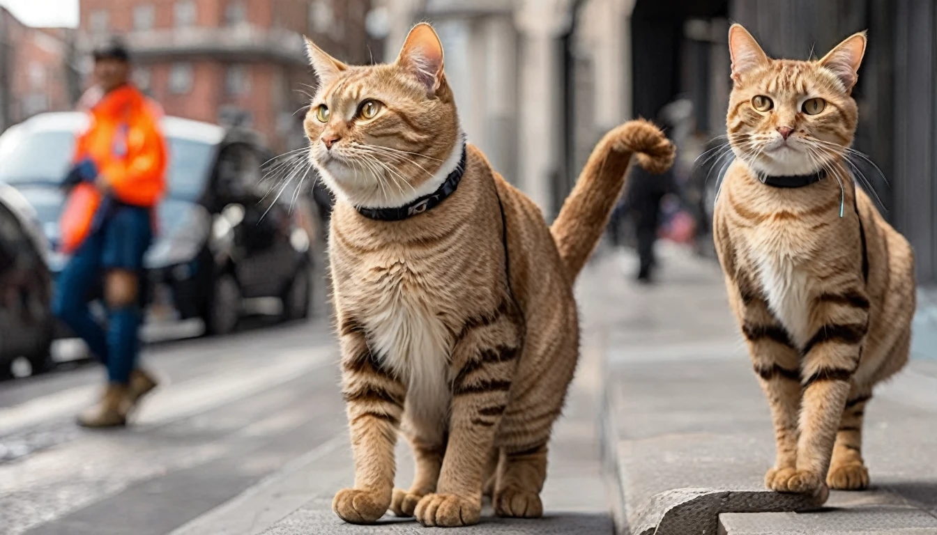 This cat is an astonishing urban explorer. It stands and walks in a unique manner, akin to a professional walker. Clad in sturdy workwear, each step it takes is firm and resolute, as if declaring a challenge to the city. Its boots are its trademark, as it opts for stylish footwear to stand out in the urban landscape. Striding through the bustling city streets, it faces challenges head-on, exuding an air of confidence and courage. This cat is a unique star in the urban setting, attracting numerous onlookers, not just for its distinctive attire but also for its unwavering determination and personality,creating a super cute image that combines style with cuteness,Leonardo Style,detailmaster2