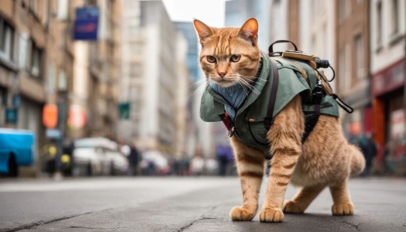 This cat is an astonishing urban explorer. It stands and walks in a unique manner, akin to a professional walker. Clad in sturdy workwear, each step it takes is firm and resolute, as if declaring a challenge to the city. Its boots are its trademark, as it opts for stylish footwear to stand out in the urban landscape. Striding through the bustling city streets, it faces challenges head-on, exuding an air of confidence and courage. This cat is a unique star in the urban setting, attracting numerous onlookers, not just for its distinctive attire but also for its unwavering determination and personality,creating a super cute image that combines style with cuteness,Leonardo Style,detailmaster2