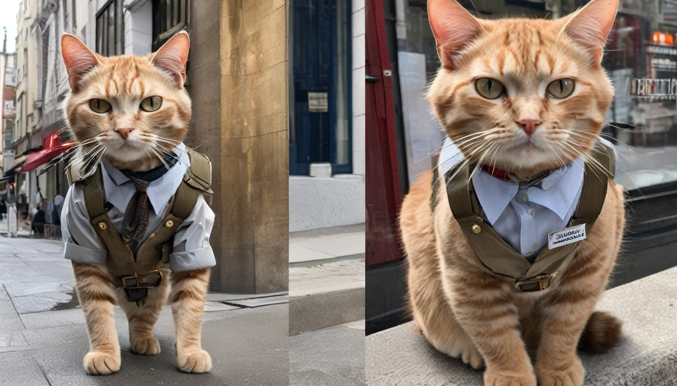 This cat is an astonishing urban explorer. It stands and walks in a unique manner, akin to a professional walker. Clad in sturdy workwear, each step it takes is firm and resolute, as if declaring a challenge to the city. Its boots are its trademark, as it opts for stylish footwear to stand out in the urban landscape. Striding through the bustling city streets, it faces challenges head-on, exuding an air of confidence and courage. This cat is a unique star in the urban setting, attracting numerous onlookers, not just for its distinctive attire but also for its unwavering determination and personality,creating a super cute image that combines style with cuteness,Leonardo Style,detailmaster2