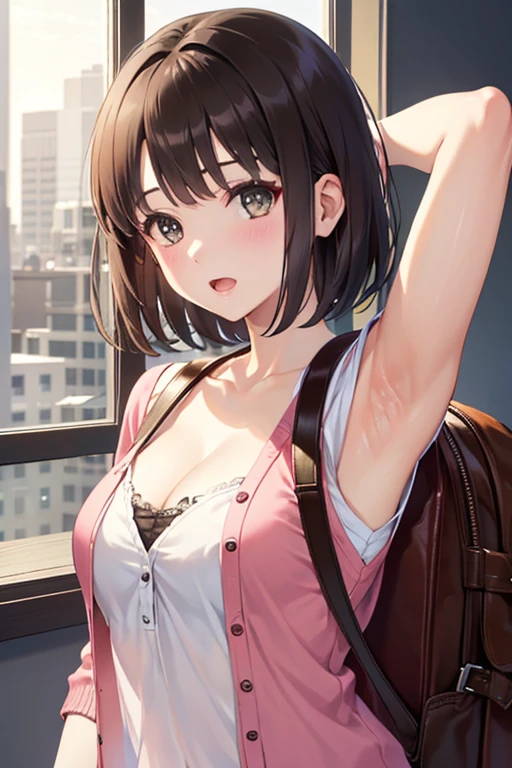 ((Show your armpits)),((No sleeve)),cleavage,super miniskirt,(masterpiece:1.6, highest quality), (Beautiful detailed eyes: 1.2), ticker_kato, katohdlong, katohd, 1 girl, alone, brown hair, short hair, brown eyes, Backpack, open your mouth, bangs, Shoulder bar , blush, pink jacket,