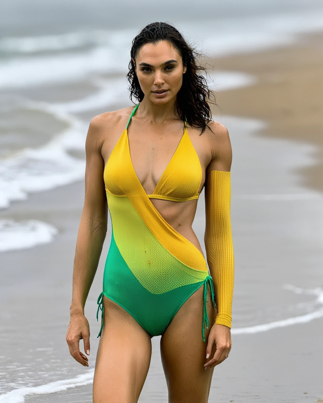  high quality  Erotic shot of a extremely hot woman, ( GalGadot, photorealistic ) wearing a color sexualized bikini , famous erotic bikini model , celebrity erotic photograph, extremely long  hair , erotic photoshoot , fit muscular figure ,rainy, wet, shiny sweaty skin, seductive expression , on beach, wet hair, dark atmosphere, erotic lighting  , celebrity, female,  woman, hollywood actress, erotic angle  , fleshy muscular woman  , ( perfect body parts, perfect anatomy, ultra detailed face , depth of field, insanely detailed skin texture, hyper detailed features )