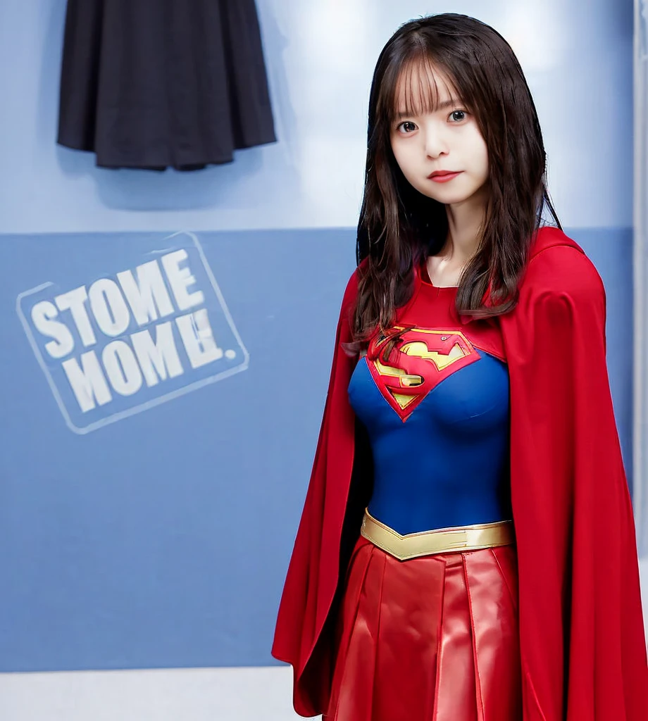 Wearing a Supergirl costume、Red Boots、Red Cape、Red Skirt、Standing posture、Black Hair、Blue clothes
