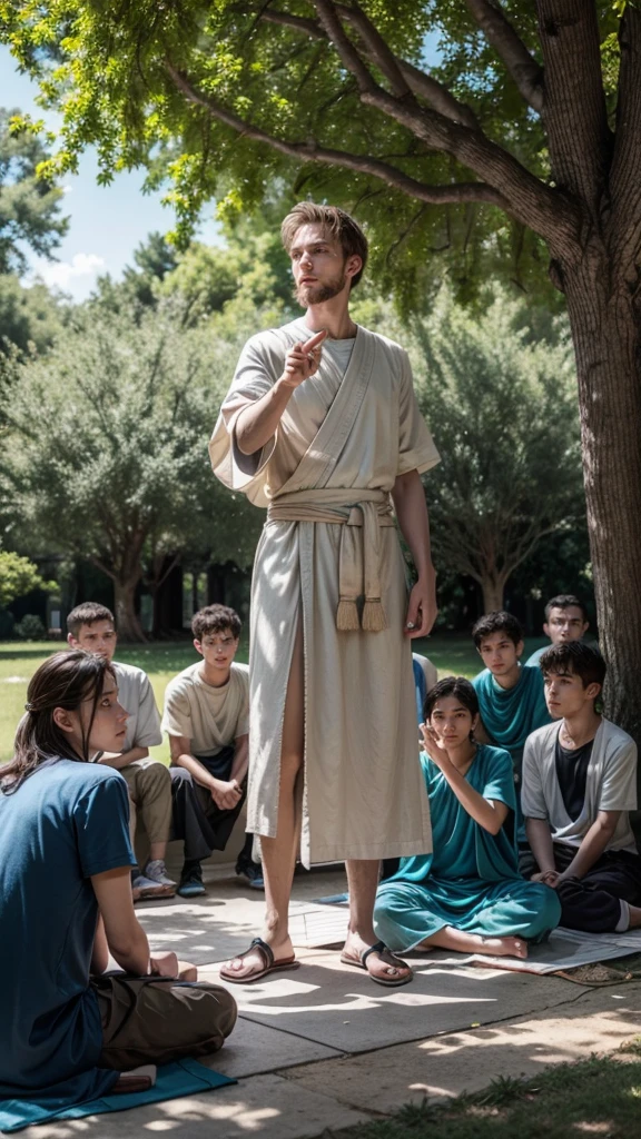 Zeno of Citium teaching his disciples: Zeno standing, gesturing gently while speaking to a group of attentive young people, sitting on the floor, under the shade of a big tree. Use of filtered natural light and intimate framing.