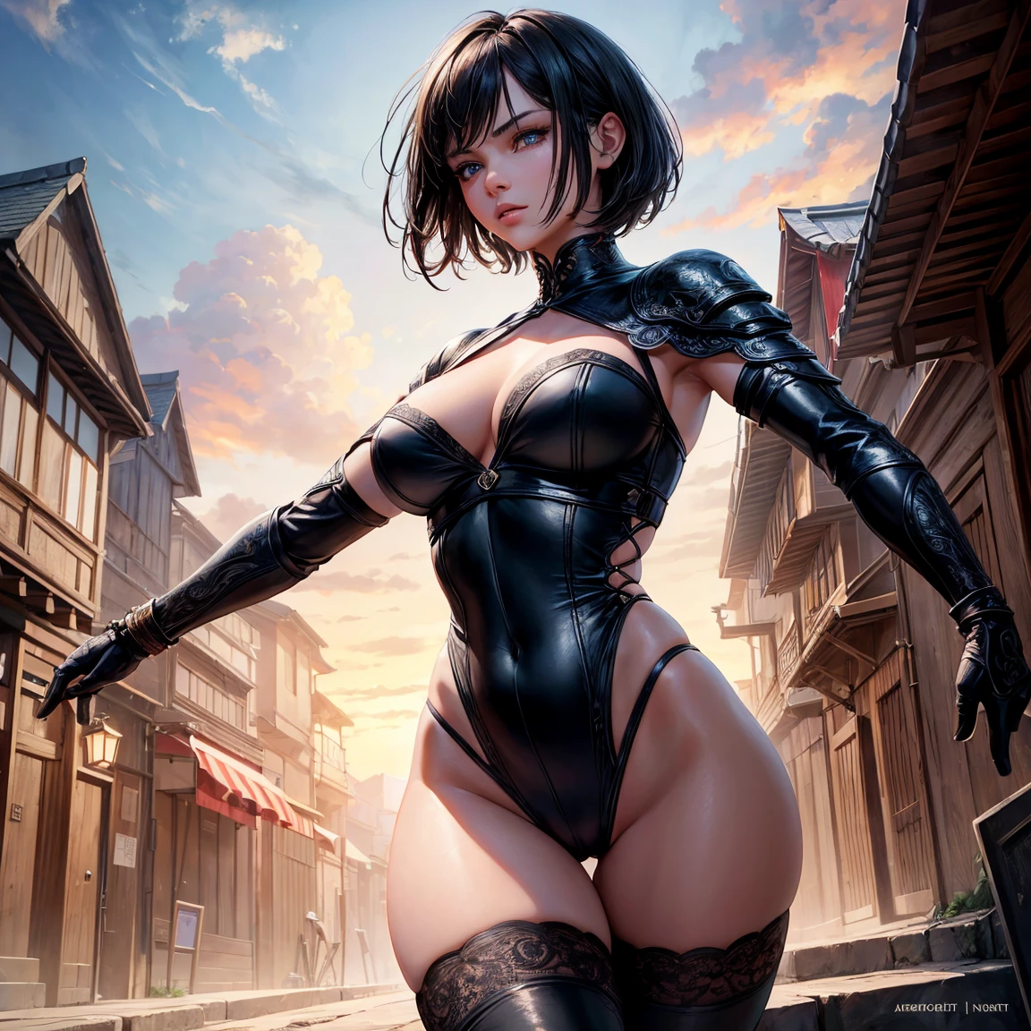 a woman, 1girl, short bob black hair, small breasts, blue sky eyes!!!, fait skin, blank face, sexy tight black ninja outfit, bare arm, bare leg, rooftop course, medieval japanese town, very sexy body, detailed face, beautiful detailed eyes, beautiful detailed lips, extremely detailed eyes and face, long eyelashes, detailed clothing, intricate details, highly detailed, photo realistic, 8k, best quality, masterpiece, cinematic lighting, dramatic lighting, vibrant colors, fantasy, digital art, concept art