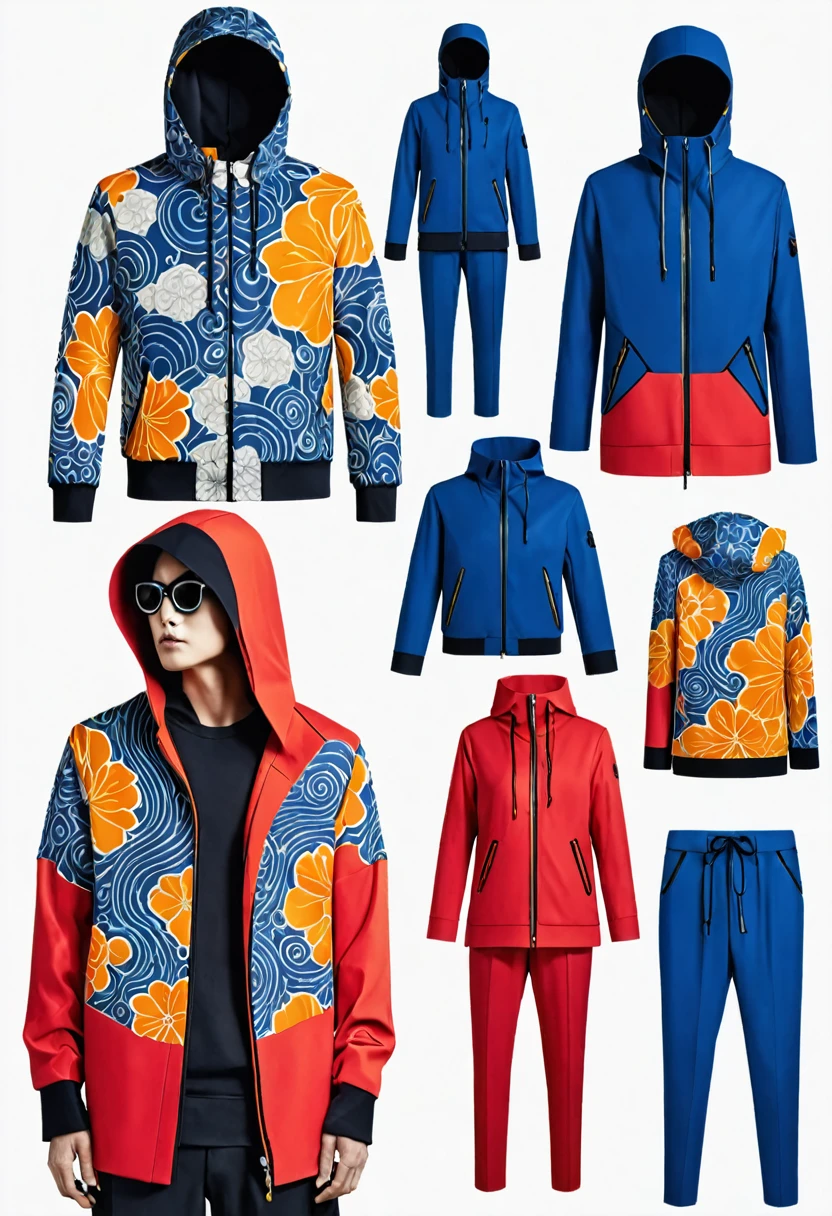 infographic fashion design, multiple concept designs, concept design sheet, blue print paper, photo realistic , 3D, UHD, mixed style of yoji shinkawa, hideo kojima and Yoshitaka Amano , minimalist shiny Sukajan hoodie jacket with (( hybrid of batik and Japanese tatoo drawing style)) , high contrast blending and combination of ((white , lots of red, yellow , blue, orange and black)) colour , matching trousers