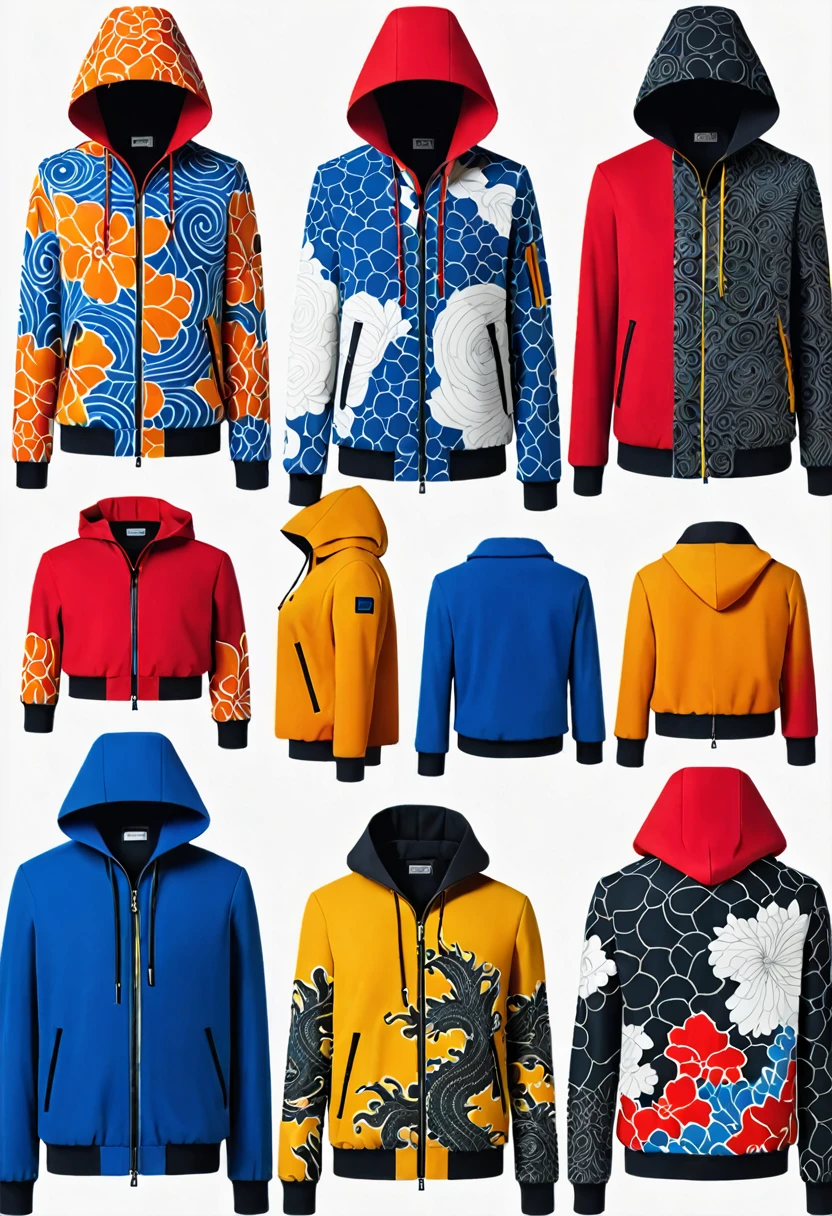 infographic fashion design, multiple concept designs, concept design sheet, blue print paper, photo realistic , 3D, UHD, mixed style of yoji shinkawa, hideo kojima and Yoshitaka Amano , minimalist shiny Sukajan hoodie jacket with (( hybrid of batik and Japanese tatoo drawing style)) , high contrast blending and combination of ((white , lots of red, yellow , blue, orange and black)) colour , matching trousers