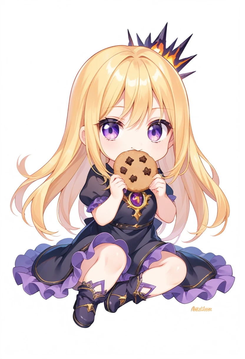 score_9, score_8_up, score_7_up, source_anime, (chibi), eating cookie, spoken heart, sitting, golden hair, dark purple eyes, black dress, fierce, inferno background, simple background
