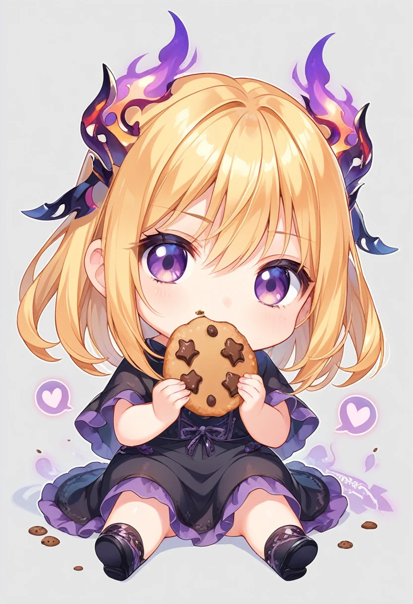 score_9, score_8_up, score_7_up, source_anime, (chibi), eating cookie, spoken heart, sitting, golden hair, dark purple eyes, black dress, fierce, inferno background, simple background