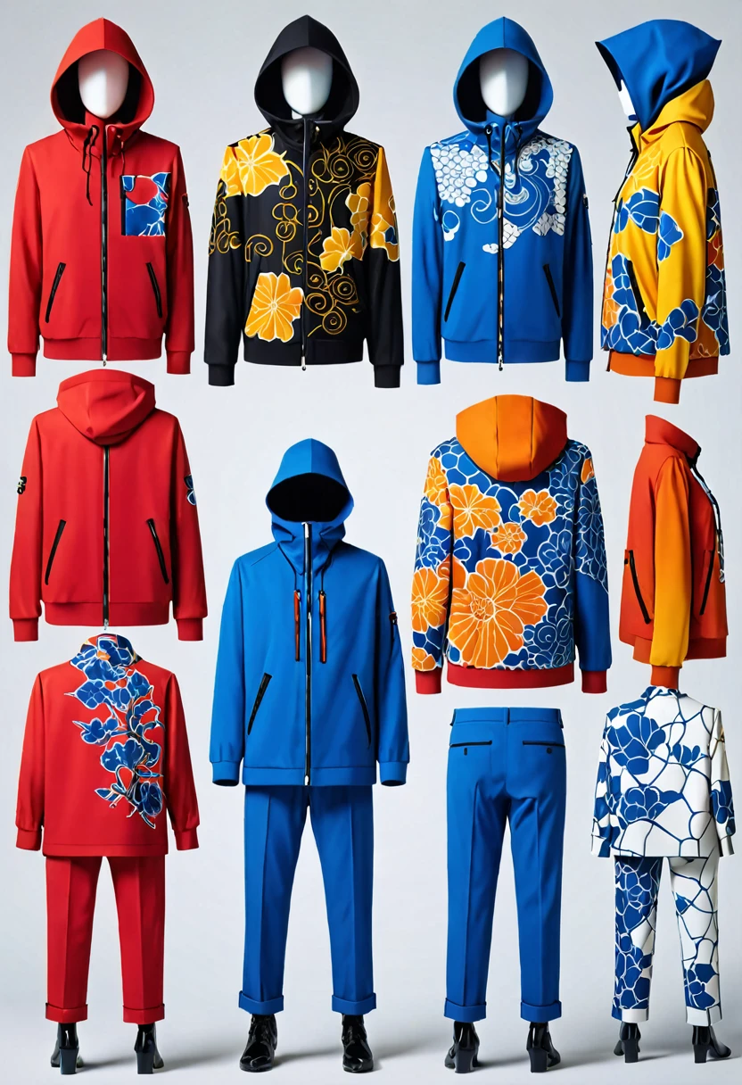 infographic fashion design, multiple concept designs, concept design sheet, blue print paper, photo realistic , 3D, UHD, mixed style of yoji shinkawa, hideo kojima and Yoshitaka Amano , minimalist shiny Sukajan hoodie jacket with (( hybrid of batik and Japanese tatoo drawing style)) , high contrast blending and combination of ((white , lots of red, yellow , blue, orange and black)) colour , matching trousers