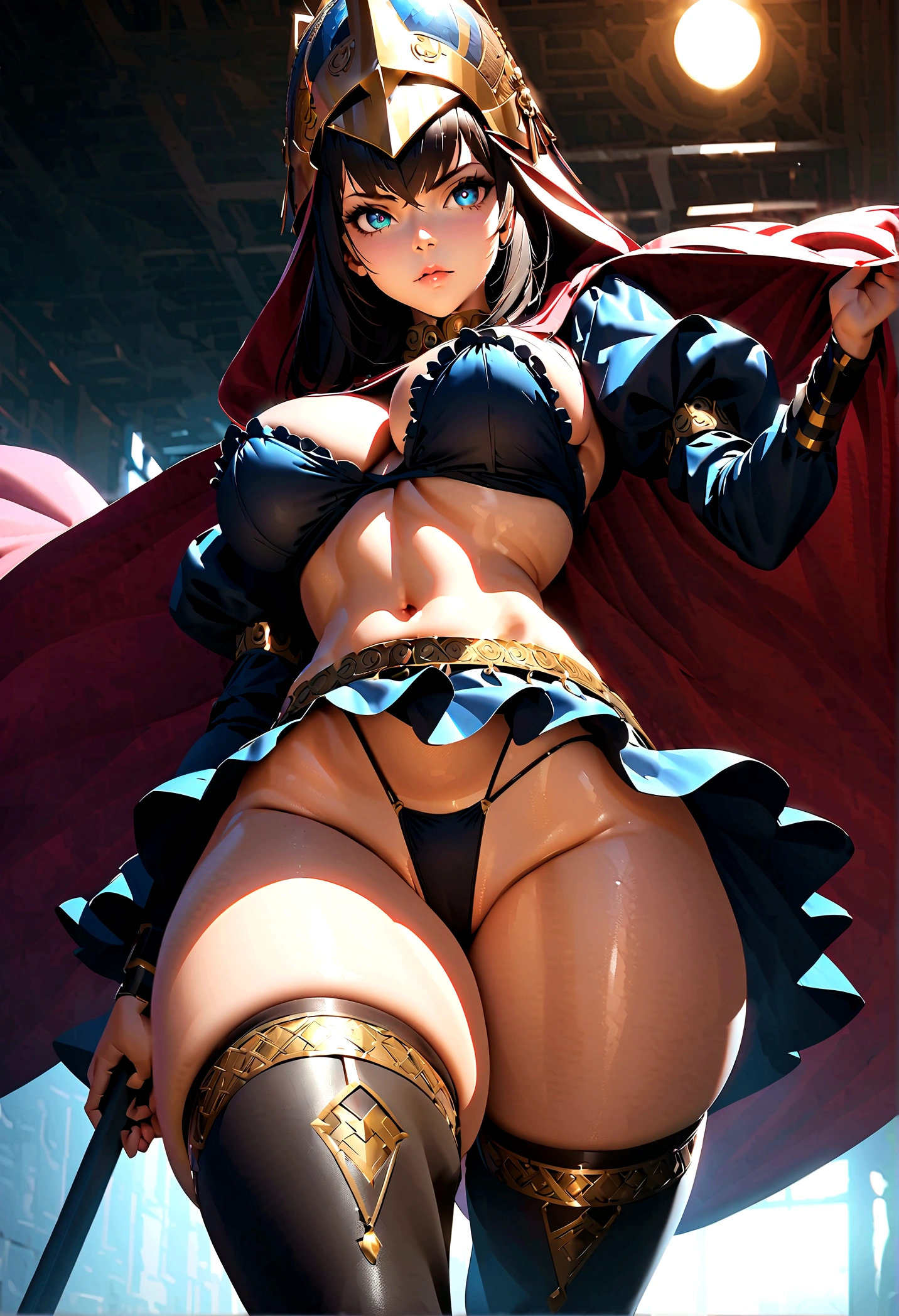 busty bimbo persian warrior, (((persian))), fit (persian facial features), (persian body shape), glossy eyes, ((beautiful)), looking straight, sexy, (serious expression), stoic, ((oriental)), ((hyper sexualized)), raunchy, hourglass body, ((sexy)), (((from the front))), holding a spear, ((perfect)), (feminine), walking dramatically, hip sway, gold belly chain, (persian frilly high high miniskirt), persian silk thigh highs, persian puffy sleeves, persian frilly baggy blouse, persian high rise thong, persian micro billowing cape, persian helmet, voluptuous round juicy , underboob, voluptuous round strong ass, strong thighs, sexy hips, full shapely body, curvy, ornate persian jewelry, vibrant aura, smooth shiny skin, (sexy lighting), persian background, smooth clean lines, ultra textured, highest resolution, maximum quality, max detail, vivid colors, max texture, energetic composition, dramatic lighting, crystal clear, depth perspective, high contrast, seamlessly blended, photorealistic, chromatic aberration, subpixel precision, bokeh effect depth art, anamorphic perspective, hdr high dynamic range, spectral color graded, photometric lighting