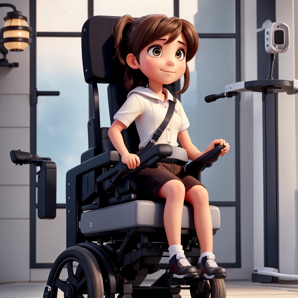 A girl sits in a high-performance electric wheelchair with a luxury seat.
