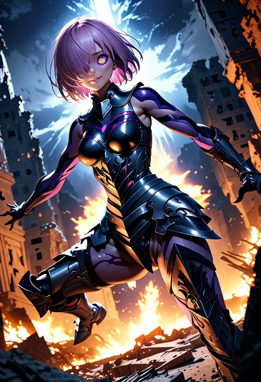 (masterpiece, top quality, best quality, beautiful and aesthetic:1.2), full body, SFW, extremely detailed, detailed face and eyes, cinematic light, depth of field, 1girl, seducing smile, solo, official, (full armored knight:1.4), dark armor, mash kyrielight, light purple hair, short hair, hair over one eye, slim body, cinematic lighting, dramatic lighting, dramatic atmosphere, hyper-realistic, high resolution, stunning contrast, high quality, best quality, 8k, 4k, intricately detailed, (amazing details:1.2), highly detailed skin, powerful presence, vibrant colors, (detailed eyes:1.2), striking eyes, (detailed background), (warzone on background, night, ruins), (dynamic angle:1.2), (dynamic pose:1.2)