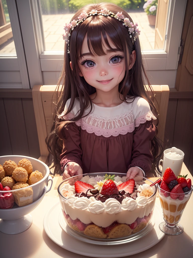 Best picture quality, detailed eyes, long eyelashes, a delicious looking parfait full of strawberries and chocolate in a tall glass on the table, a young 5 year old girl laughing and eating parfait, happy smile, best smile, very pretty girl, long chestnut hair, amazingly very large round shining eyes, hydrangeas blooming outside the window,