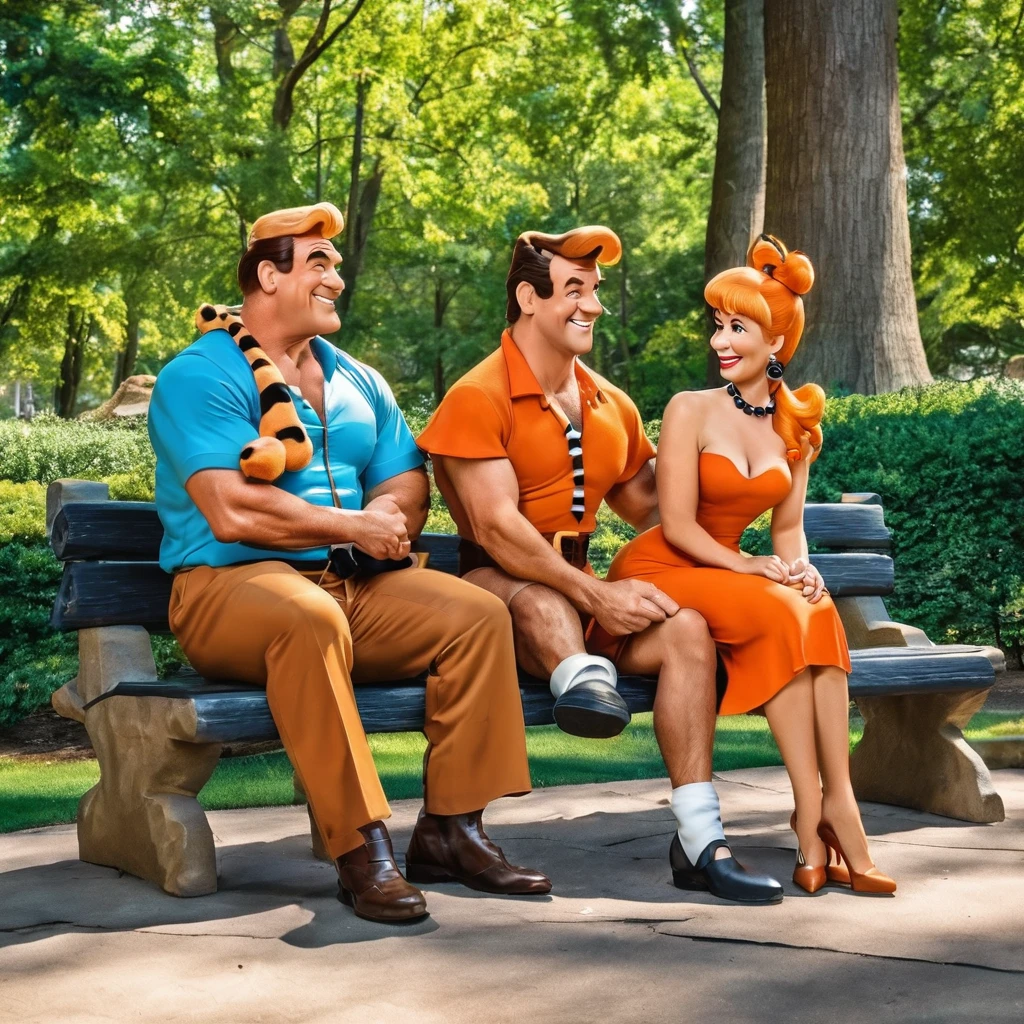 Fred and Wilma Flintstone sitting on a stone bench in the park