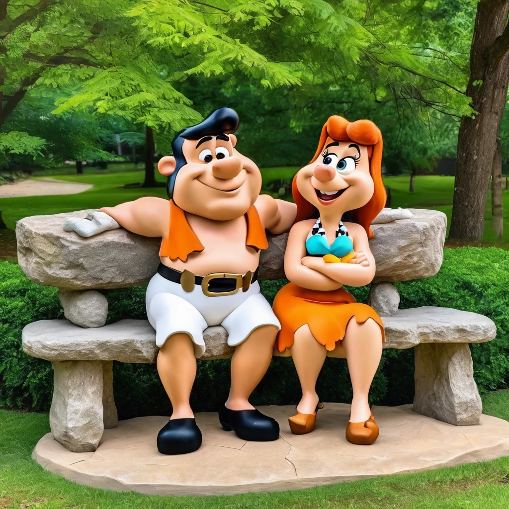 Fred and Wilma Flintstone sitting on a stone bench in the park