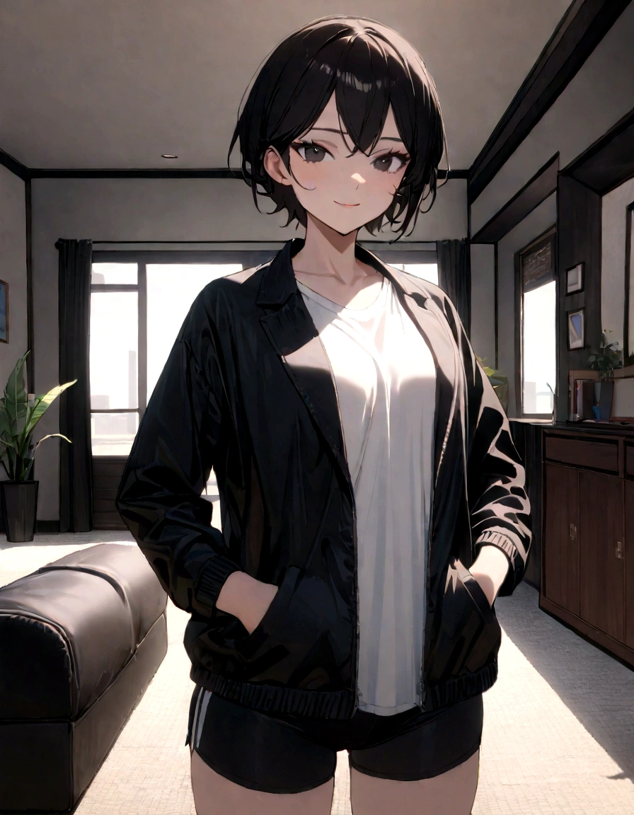 1 girl, tomboy, slim, beautiful, tall, attractive, ((short black hair))((black hair)), ((black eyes)), ((Girl wears: ((white shirt)), ((black jacket)), ((black gym short)))), ((living room)), looking at viewer, smiling warmly, hands in pocket, 8k, masterpiece, ray tracing
