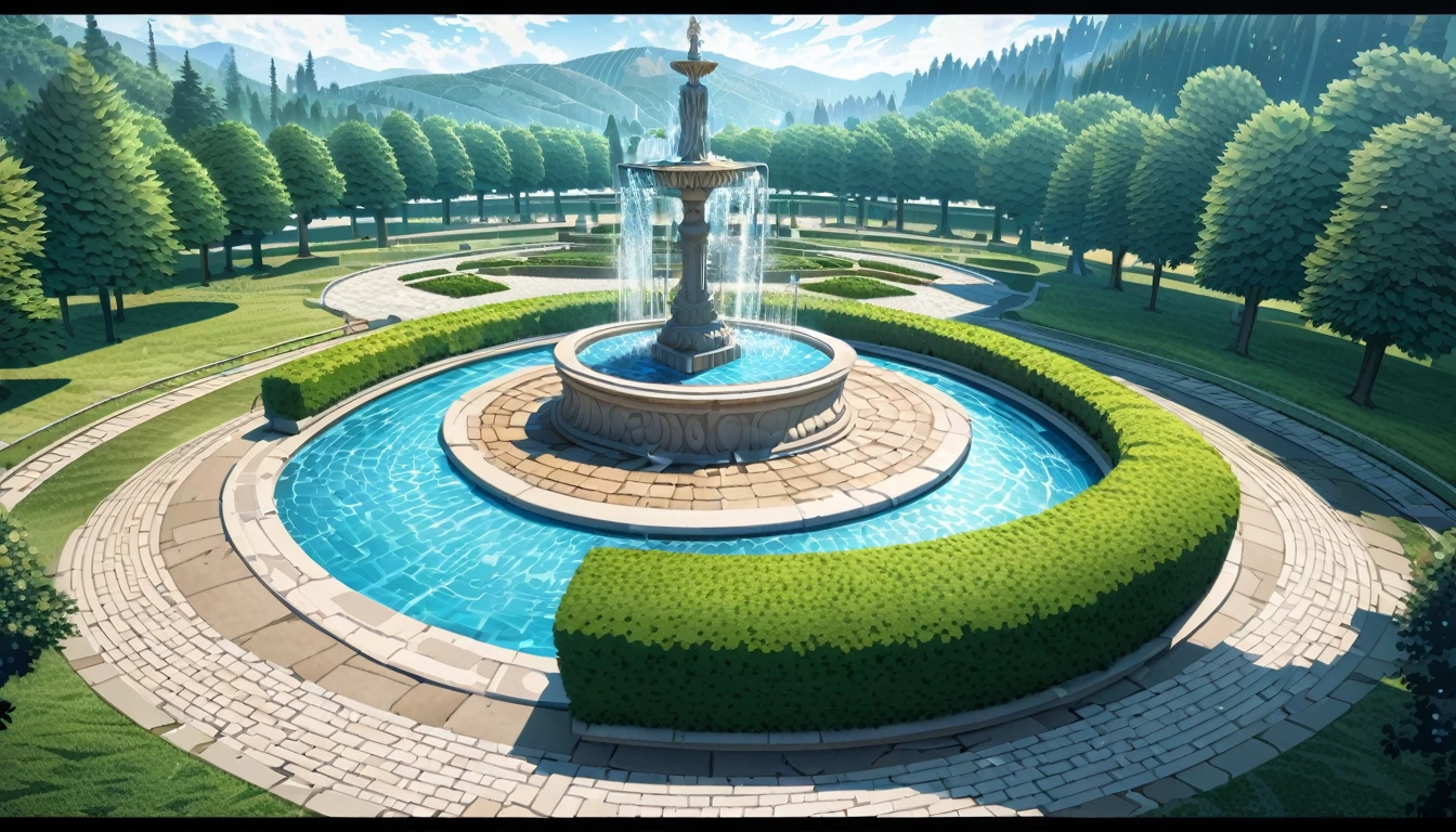 summer heat, anime aestetics, noon, park full of trees, big fountain in the center, greek style fountain, little rainbows, green and blue colors, perfect shadows, beauty of nature, stone roads, wide shot, atmospheric perspective, perspective, 4K, 8k, best quality, award winning, anatomically correct, super detail, masterpiece