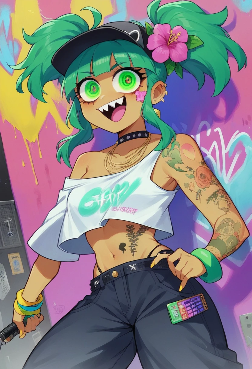 ((long shot, whole body: 1.6)), purple: 1.5, Orange: 1.1, green: 1.3, White: 1.3, yellow: 1.3, (rapper girl with scary hair, Very detailed eyes and body and beautiful baggy loose clothing :1.6), tattoos, (walls with graffiti: 1.2), flower, leaves, born in the fog, Lines, leaning against the wall with a spray paint in her hand, action pose, 32k.