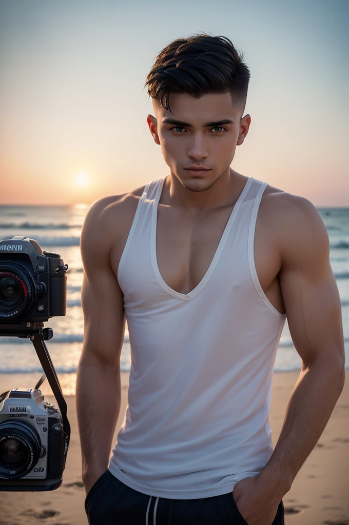 1 men,
 at 22 and.The man,short fade hairstyle,using the eyes, wearing a white tank top, with a clock, 
on a beach with a camera with 3 flashes, soft lighting, 
work of art, best qualityer, 8k hd