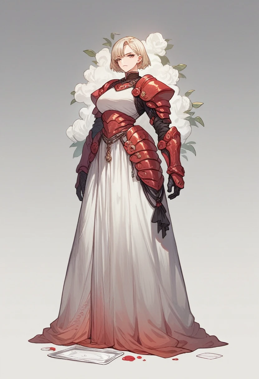 A full body photo of beautiful woman wearing an armor-like plastic dress with skirt made from plastic plates, red backgroung, in the style of fashion photography and in an editorial style