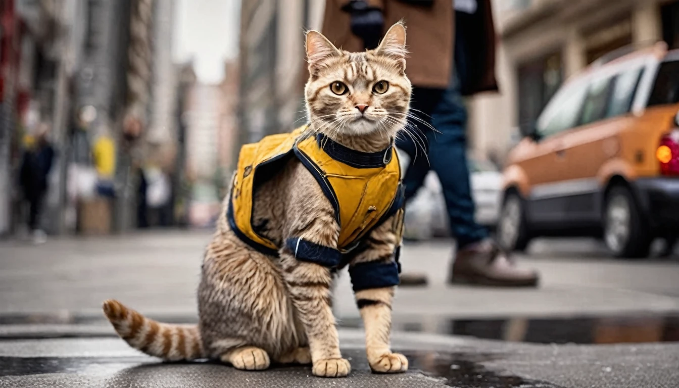 This cat is an astonishing urban explorer. It stands and walks in a unique manner, akin to a professional walker. Clad in sturdy workwear, each step it takes is firm and resolute, as if declaring a challenge to the city. Its boots are its trademark, as it opts for stylish footwear to stand out in the urban landscape. Striding through the bustling city streets, it faces challenges head-on, exuding an air of confidence and courage. This cat is a unique star in the urban setting, attracting numerous onlookers, not just for its distinctive attire but also for its unwavering determination and personality,creating a super cute image that combines style with cuteness,Leonardo Style,detailmaster2