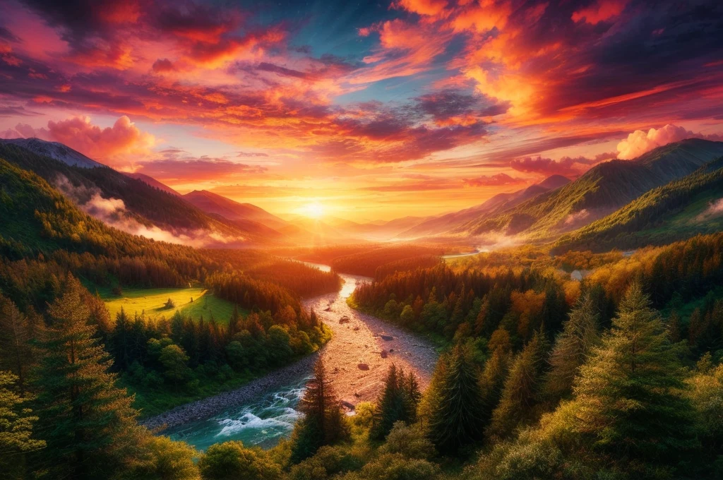 (a mountain valley with a beautiful sunset,dramatic sky,dramatic lighting,cinematic,epic landscape,detailed mountains,detailed trees,detailed rocks,detailed plants,detailed clouds,vibrant colors,warm colors,golden hour,dramatic atmosphere,serene,peaceful,tranquil,stunning,breathtaking,masterpiece,8k,photorealistic,highly detailed,volumetric lighting,cinematic composition,award winning photography)