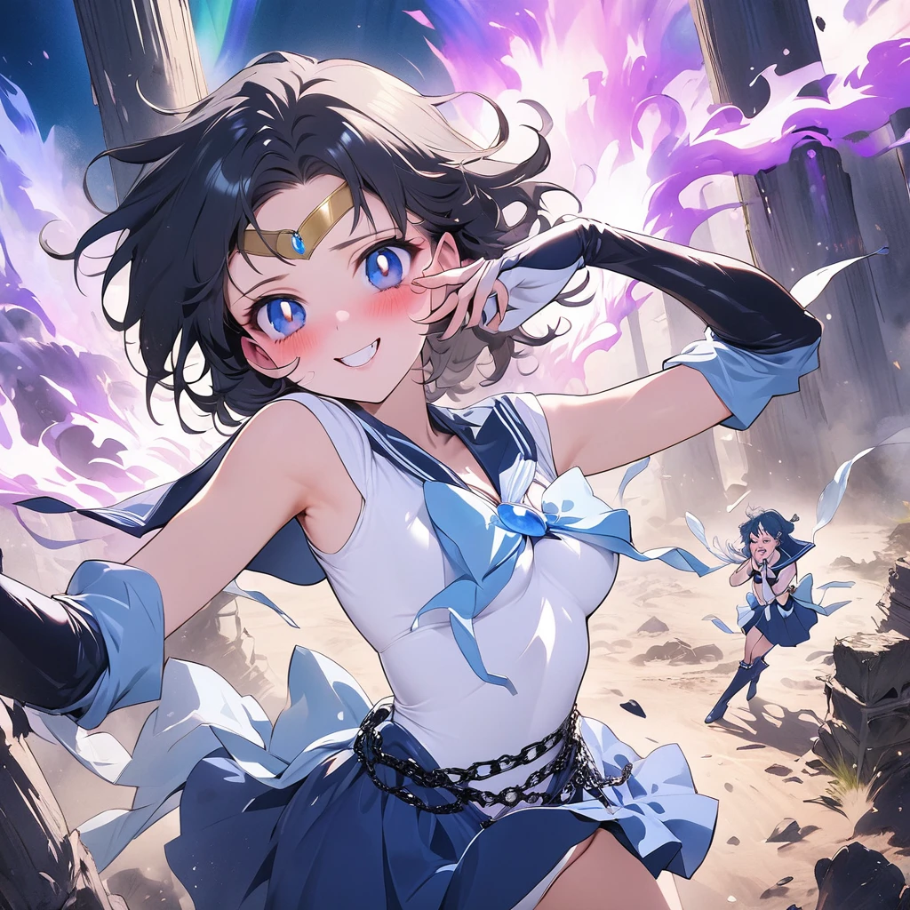 masterpiece, best quality, ultra-detailed, illustration, beautiful detailed eyes, ecstasy, happy, blush, looking at viewer, pillars of purple fire, Feeling magical energy, both hands on own face, dark persona, evil smile, Leading a ritual, aurora, wasteland, , beautiful art, high res, perfect face, detailed outfit, Dark Mercury, Mizuno Ami, blue hair, dark blue eyes, dark blue sailor collar, white leotard, black chain around the waist, black and blue bow on the chest and on the back, white elbow gloves, blue skirt, high-knee boots tiara,