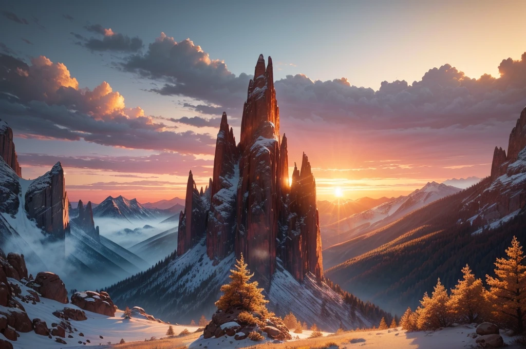 (a mountain valley with a beautiful sunset,dramatic sky,dramatic lighting,cinematic,epic landscape,detailed mountains,detailed trees,detailed rocks,detailed plants,detailed clouds,vibrant colors,warm colors,golden hour,dramatic atmosphere,serene,peaceful,tranquil,stunning,breathtaking,masterpiece,8k,photorealistic,highly detailed,volumetric lighting,cinematic composition,award winning photography)