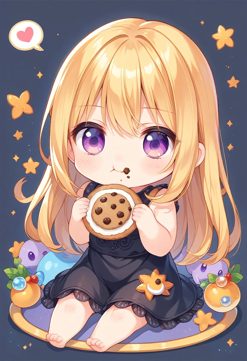 score_9, score_8_up, score_7_up, source_anime, (chibi), eating cookie, spoken heart, sitting, golden hair, dark purple eyes, black dress, abyss background, simple background