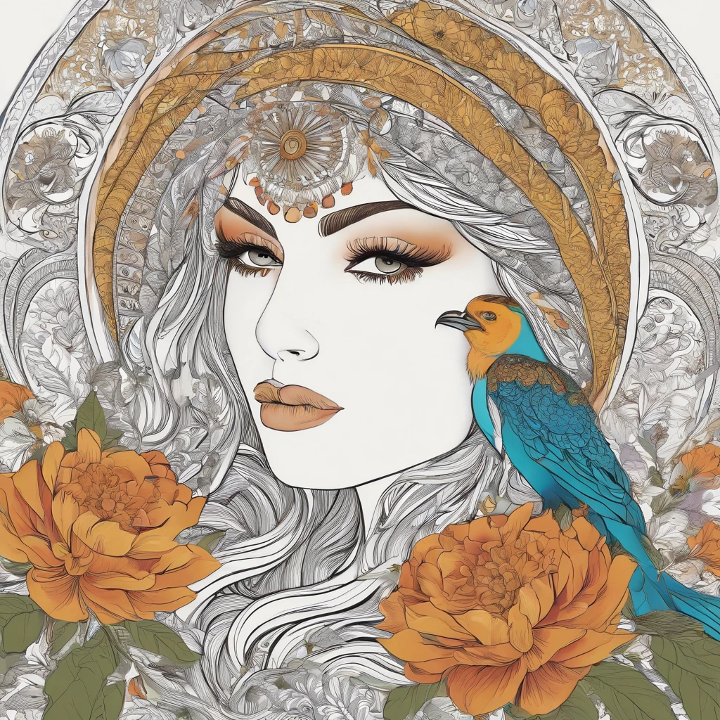 Official Art, Unified 8k Wallpaper, Ultra Detailed, Beautiful Beauty, Beautiful, Masterpiece, Best Quality, (Zentangle, Mandala, Tangled, Entangle), (Flower Ecstasy: 1.2) Dynamic Angle, Cowboy Shot, The Most Beautiful Chaotic Forms, Elegance, Fauvist Design, Bright Colors, Romanticism, Atmosphere, Golden Crow, Sun God, Feathers, two girls kiss