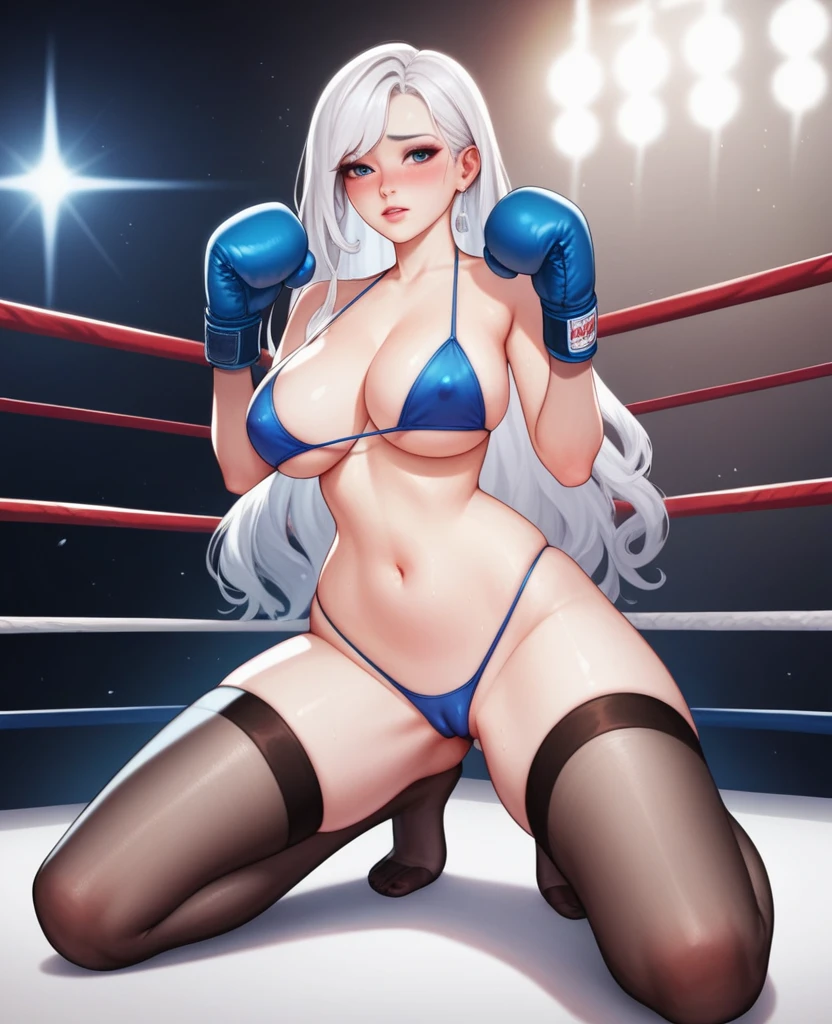korean beautifull girl,18 years old,Pretty Face,Good figure detailed pictures, Shy expression, blush,White long hair, Wear a three-point bikini, Wear black garter stockings, Wearing boxing gloves, Kneeling alone in the boxing ring,Large Breasts,Cleavage,Long legs,Thin waist,nipple,Camel toe