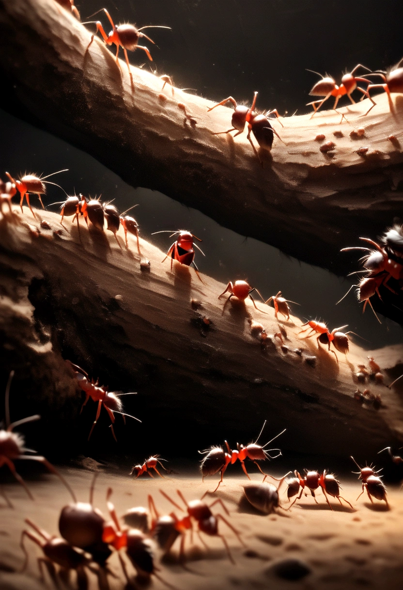 Photo of an ant colony in motion, highlighting its organization and constant activity. realistic image