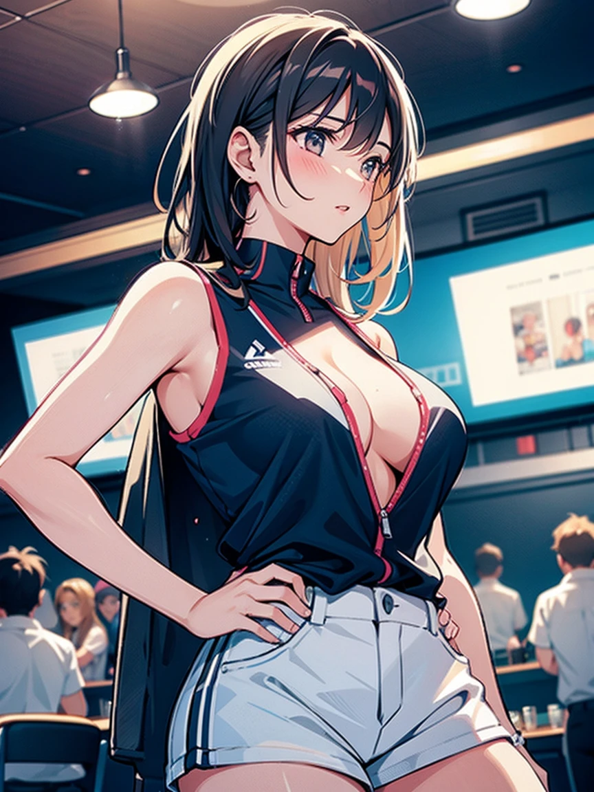 A woman taking off her jersey in the club room, Exhibitionism,