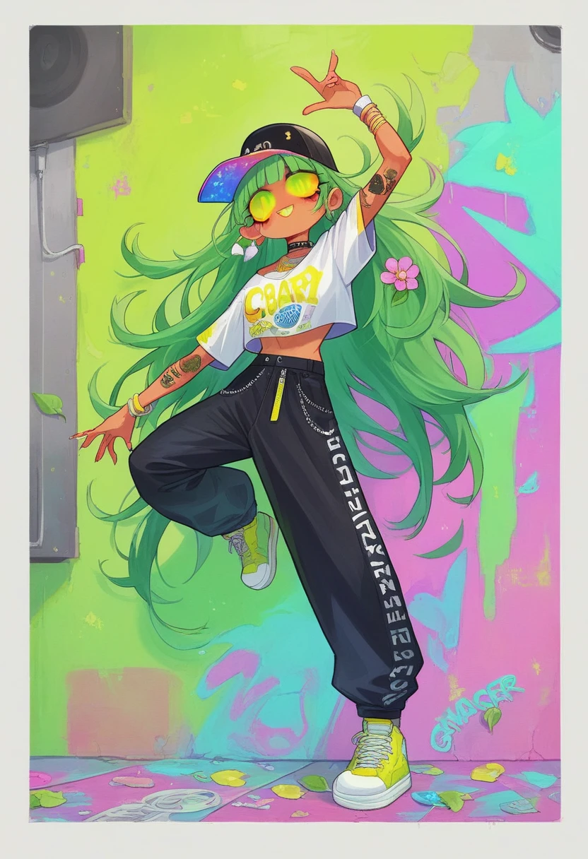 ((long shot, full body: 1.6)), purple: 1.5, orange: 1.1, green: 1.3, White: 1.3, yellow: 1.3, (rapper girl with scary hair, highly detailed eyes and body and beautiful baggy and baggy clothes :1.6), tattoos, (walls with Graffiti: 1.2), flower, Leaves, born in the mist, lines, leaning on the wall with a spray paint in her hand, action pose, 32K.