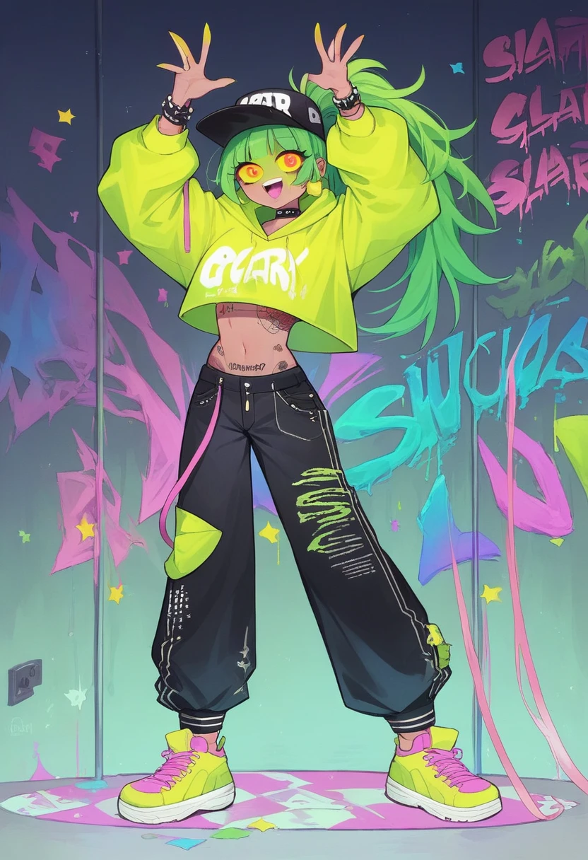 ((long shot, full body: 1.6)), purple: 1.5, orange: 1.1, green: 1.3, White: 1.3, yellow: 1.3, (rapper girl with scary hair, highly detailed eyes and body and beautiful baggy and baggy clothes :1.6), tattoos, (walls with Graffiti: 1.2), flower, Leaves, born in the mist, lines, leaning on the wall with a spray paint in her hand, action pose, 32K.