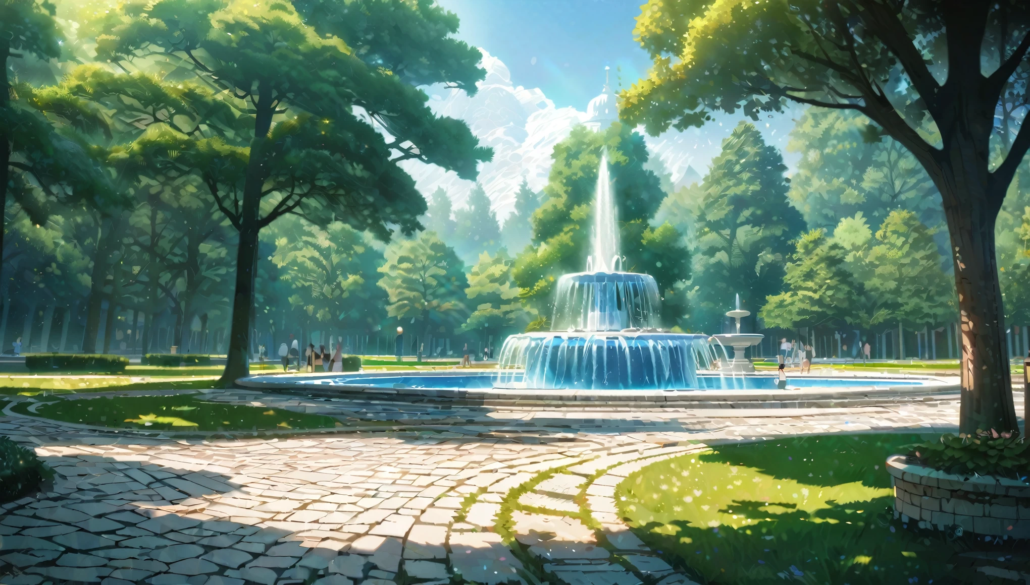 summer heat, anime aestetics, noon, park full of trees, big fountain in the center, greek style fountain, little rainbows, green and blue colors, perfect shadows, beauty of nature, stone roads, wide shot, atmospheric perspective, perspective, 4K, 8k, best quality, award winning, anatomically correct, super detail, masterpiece