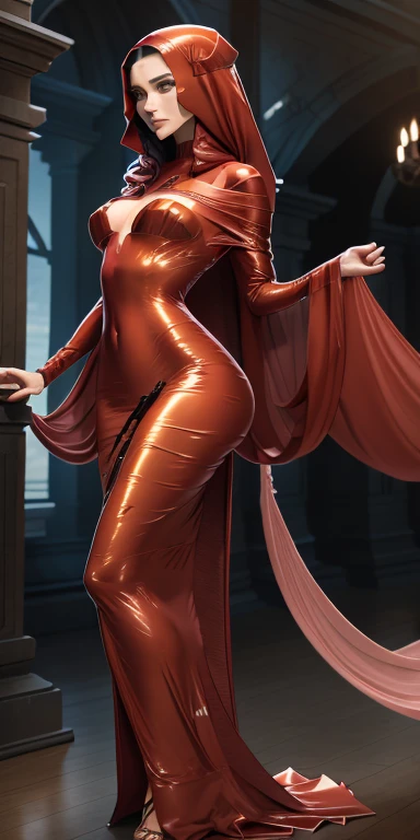 a woman in the translucent silk red gown, tight full body tied, satin sheet, nipple on with nipple piercing, wearing translucent veils, satin hijab, full body, long satin,mermaid tight long gown, flowy dramatic long gown, tall women, satin bed, strugle to walk, wear high heels, masterpice 