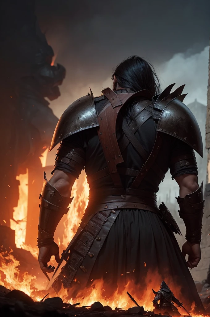 A medieval warrior with his back facing a giant demon, in a place with flames and devastation