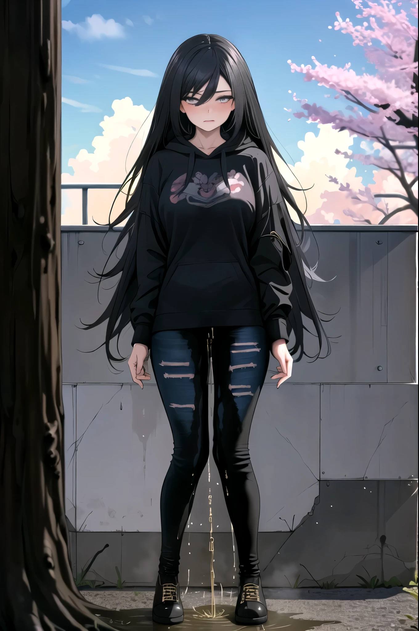 woman, very long hair, (very black hair:1.5), hoodie, jeans, (wetting herself:1.5), (standing:1.5), huge pee stain, embarrassed, humiliation, blushing, angry, (best quality,4k,8k,highres,masterpiece:1.2), ultra-detailed, extremely detailed body, extremely detailed eyes, extremely detailed wet clothing, ultra-fine painting, vivid colors, dramatic lighting, cinematic, full body, (crossed arms:1.25), huge breasts, golden hour, (clouds:1.25) (cherry blossoms:1.25)