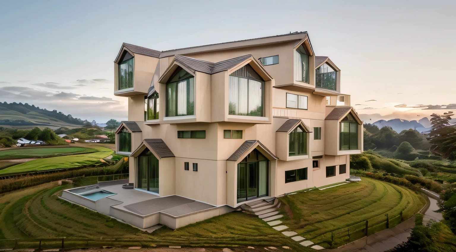 in the morning, sunrise, contemporary house exterior, beige and white mix together, glass door and window, large span balcony, on grassland, hillside, tropical landscape, masterpiece, high quality, ultra hd,